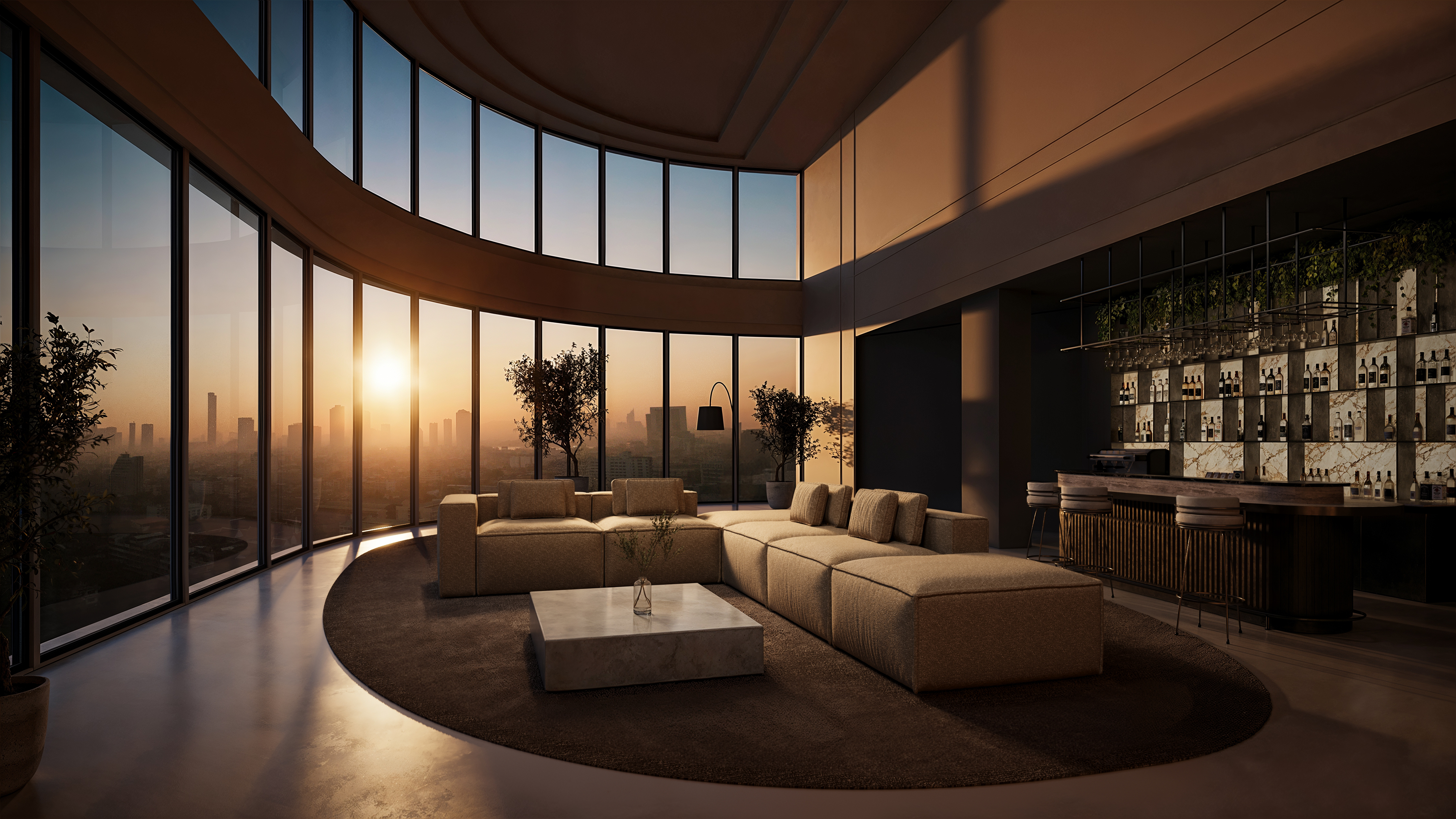 Salon z lekkim układem mebli i wolną przestrzenią do przejścia